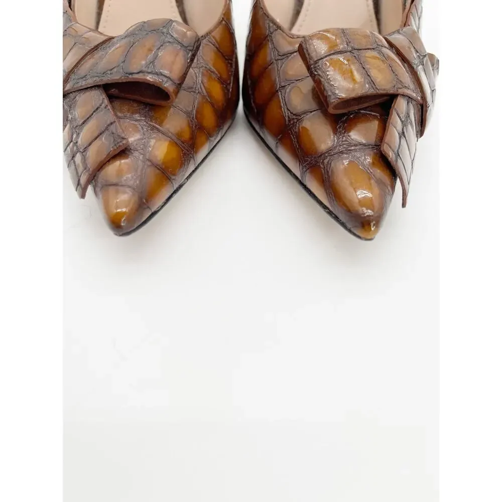 Miu Miu Spring 2015 Runway Brown Burgundy Patent Croc Embossed Bow Heels IT 36